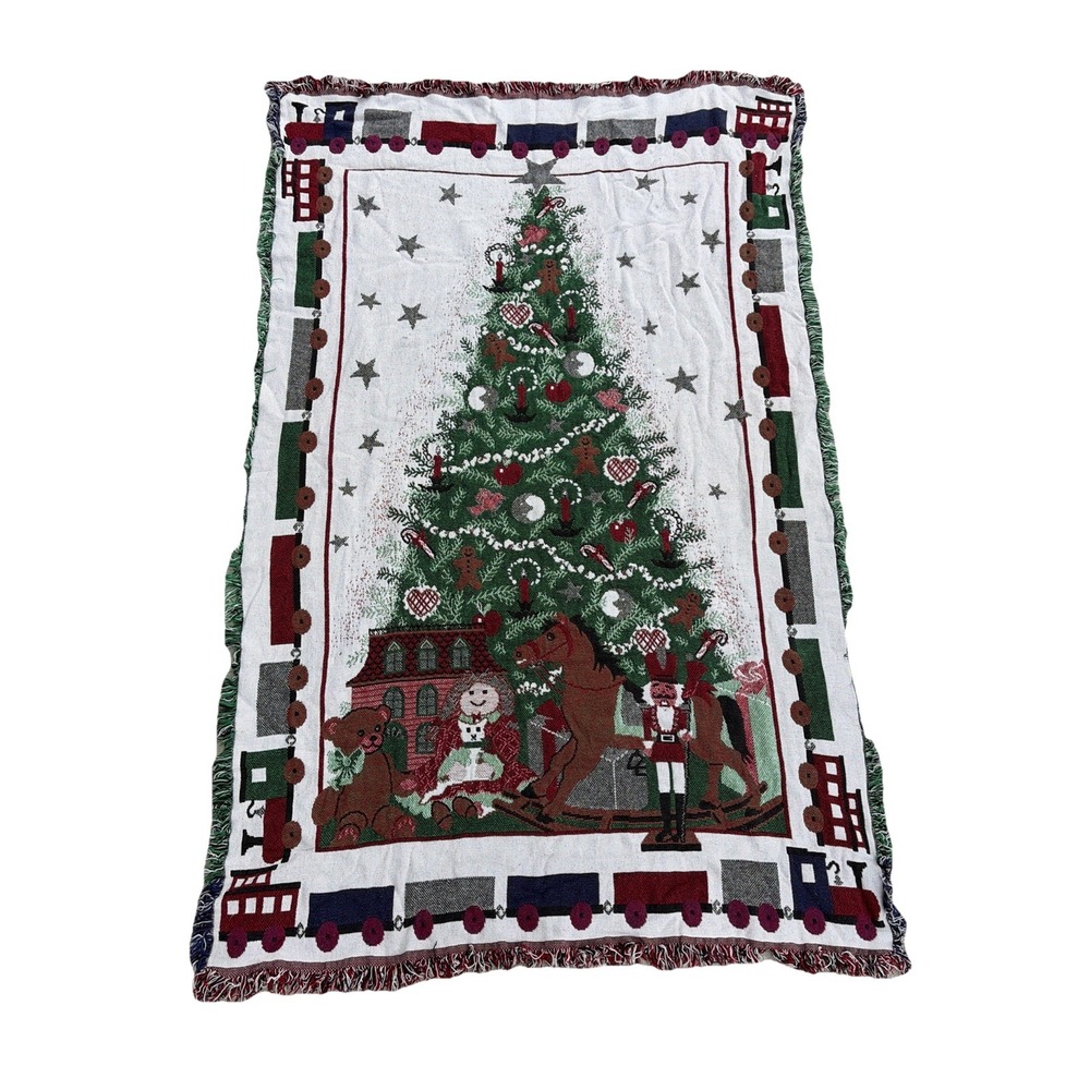 Coming Home Christmas Rocking Horse & Train Woven Throw Blanket –USA 100% Cotton